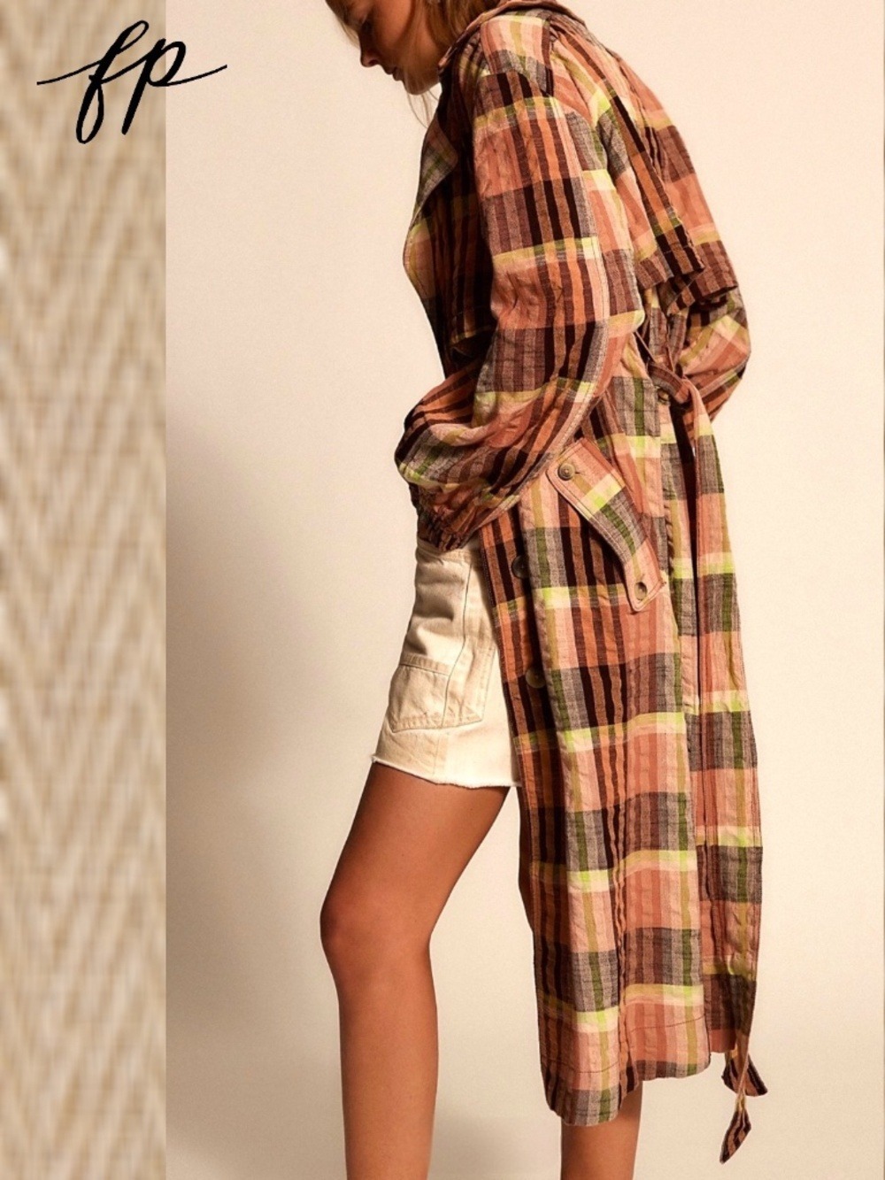 FREE PEOPLE Plaid Bliss 100% Cotton Lightweight Oversized Colorful Maxi Trench - Picture 2 of 12